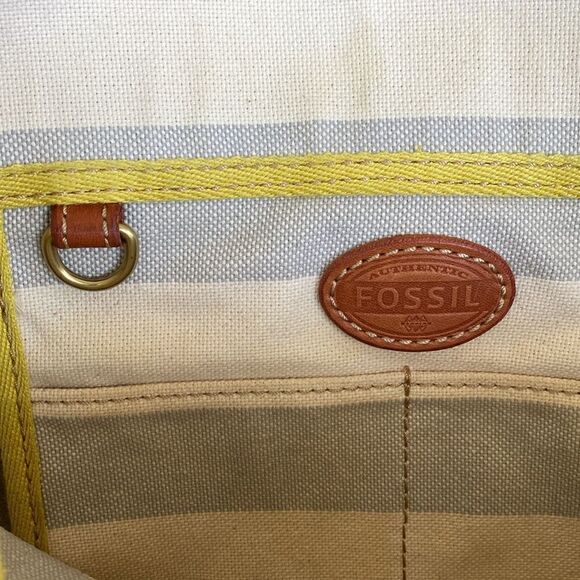 Fossil Austin Cream Blue Stripe Coated Canvas Leather Nautical Tote Shoulder Bag - Picture 13 of 15